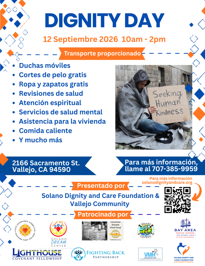 DIGNITY DAY poster announcing a 12 September 2026 event, 10am–2pm, with listed services and a photo of a person with a ‘Seeking Human Kindness’ sign.
